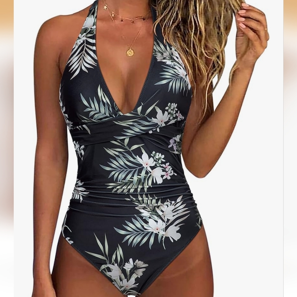 Floral Halter One-Piece Swimsuit - Picture 1 of 2
